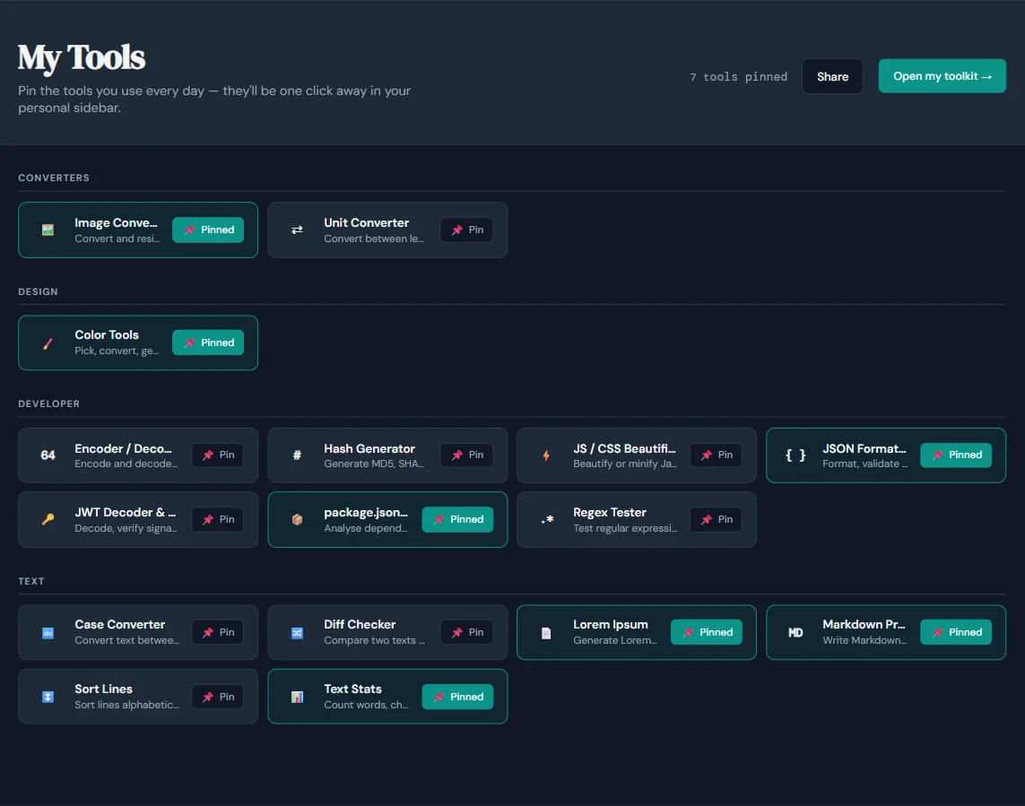Several tools pinned — cards highlighted with accent color
